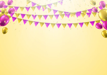 Garland flag with balloons and falling confetti. Celebration background for party, carnival, birthday or presentation. Vector illustration.