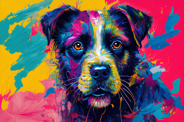 Puppy made out of colorful paint splatter	