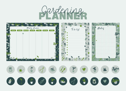 Weekly planner, notes, to do list and stickers decorated with home gardening elements. Scheduler and organizer for plant lover. Retro style green stationery. Vector illustration for planning.