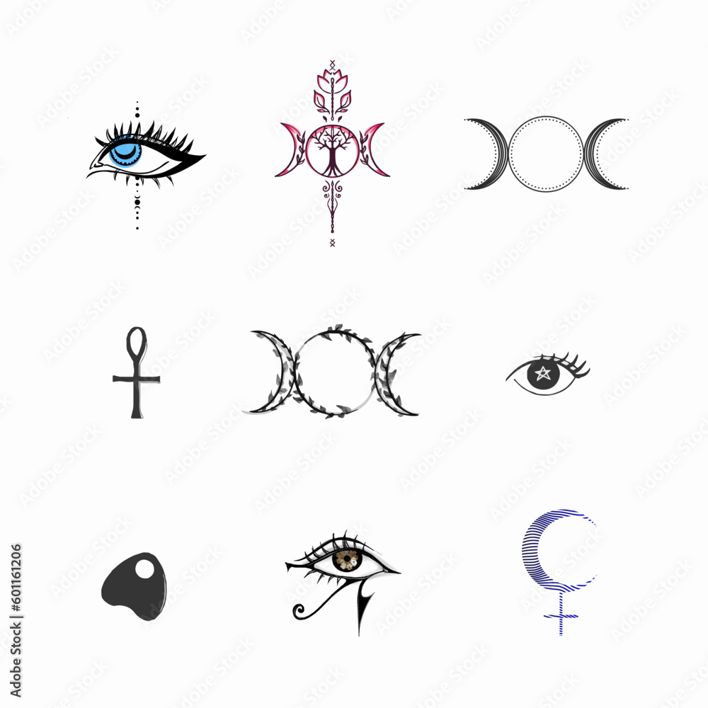 Wall mural witchy vibes tattoo art set of various symbols as lilith symbol triple moon goddess vector the eye of horus