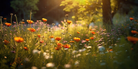 Orange field of flowers closeup generative ai