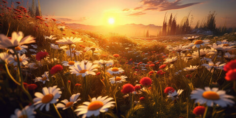 Spring meadow at sunset 