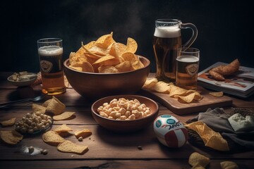 Party essentials: football, beer, chips at the center of the fun. Generative AI