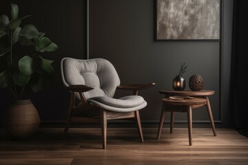 3D render of contemporary armchair and table against grey wall. Generative AI