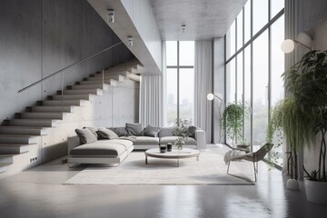 3D white and concrete interior illustration. Generative AI