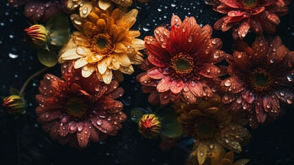 Flowers with drops of water close-up dark romantic background. Wildflowers wallpaper. Ai generated