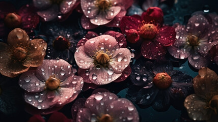 Obraz na płótnie Canvas Flowers with drops of water dark moody romantic background. Ai generated