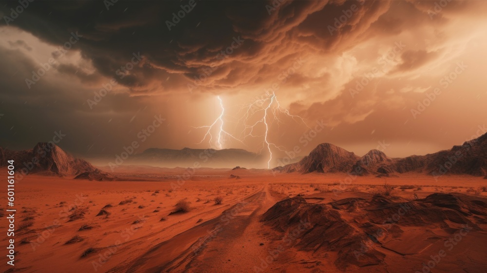 Poster a desert scene with a lightning bolt in the sky. generative ai image.
