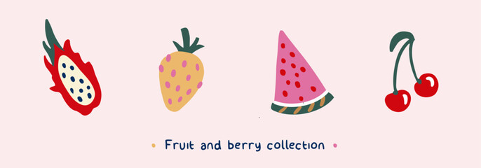 Fruit and berry vector collection. Hand drawn clipart of watermelon slice, cherry, dragon fruit, strawberry