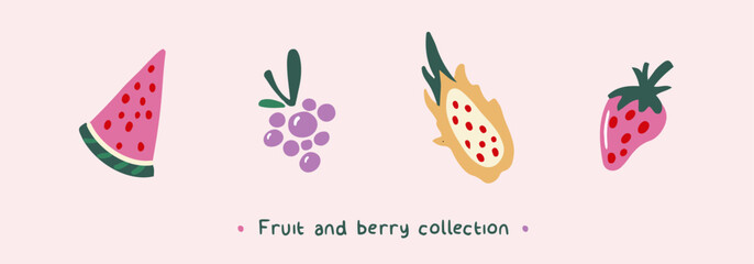 Fruit and berry vector collection. Hand drawn clipart of watermelon slice, blackberry, dragon fruit, strawberry