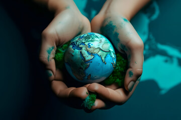 World earth day concept, hands holding globe. Generative AI 