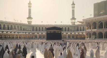 Zelfklevend Fotobehang crowded Muslim people surrounding the Kaabah in Mecca, Generative AI © Salsabila Ariadina