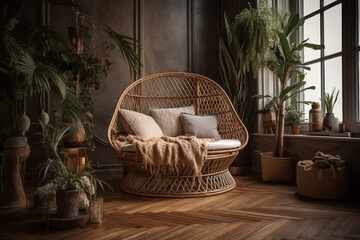 Online shopping for boho-style rattan furniture. Interior project, furnishings sale. Easy e-commerce. Laptop, interior details, furniture shop. Generative AI