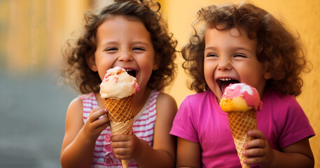 Two happy dark skinned children eating ice cream Summer, vacation, childhood, motherhood, food concept. Mom treats siblings to ice cream. Kids aged 2 and 3 years eating ice cream 