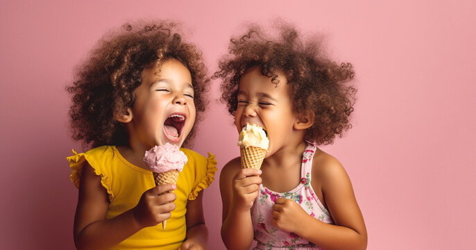 Two happy dark skinned children eating ice cream Summer, vacation, childhood, motherhood, food concept. Mom treats siblings to ice cream. Kids aged 2 and 3 years eating ice cream 