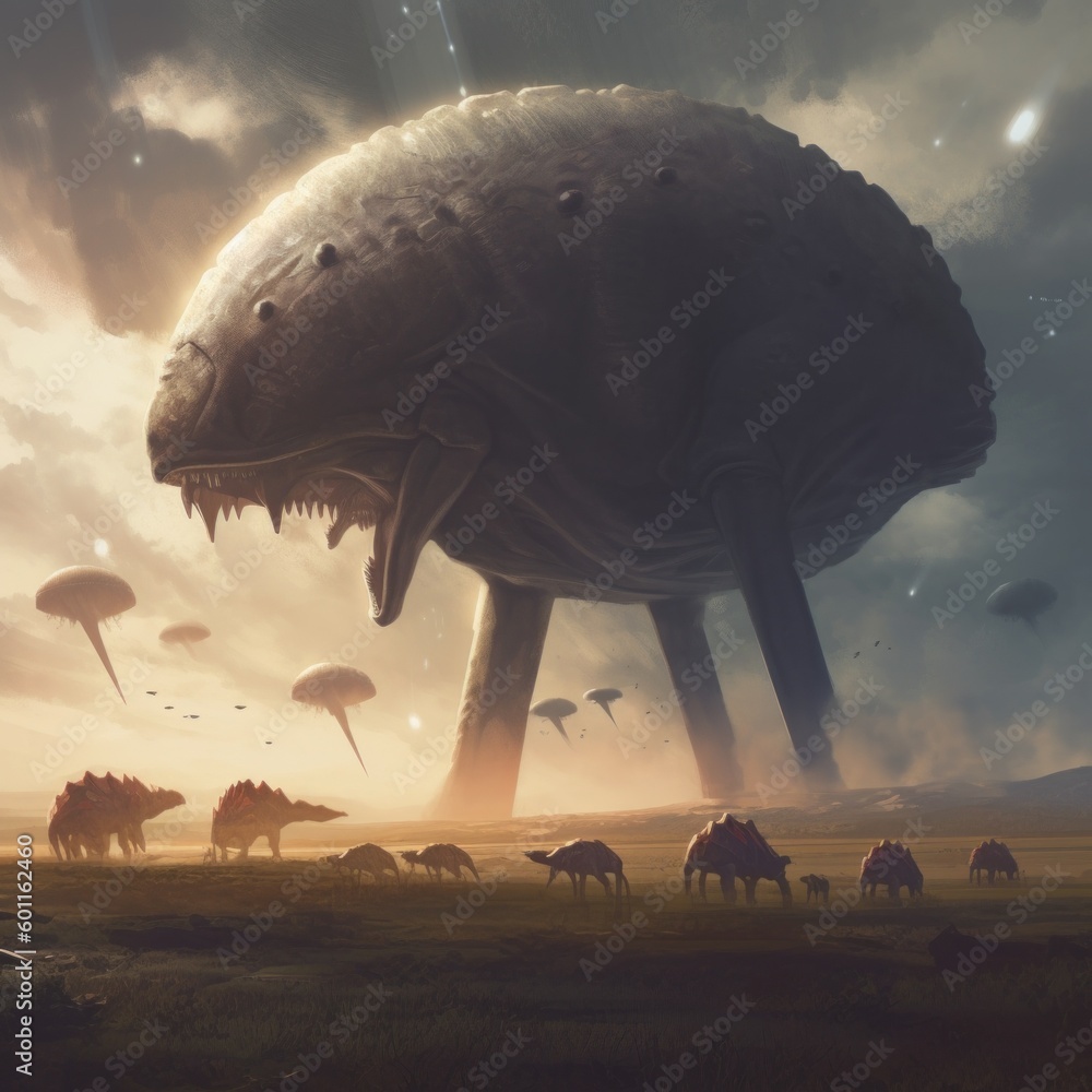 Poster a giant alien creature is in a field with other animals. generative ai image.