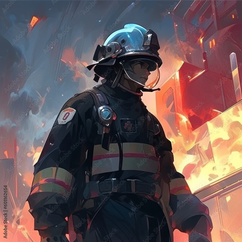 Poster a firefighter standing in front of a burning building. generative ai image.