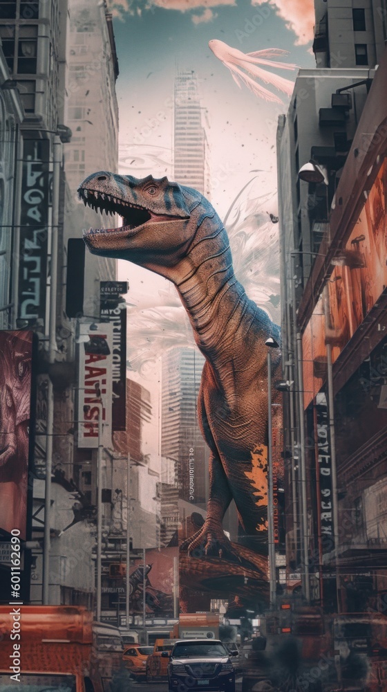 Poster a large dinosaur statue in the middle of a city. generative ai image.