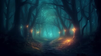 Gloomy fantasy forest scene at night with glowing lights - Powered by Adobe