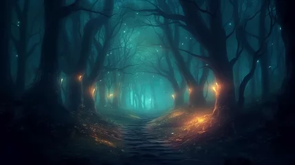 Fotobehang Gloomy fantasy forest scene at night with glowing lights © Daumaa