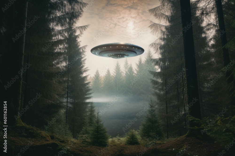 Poster a flying object in the middle of a forest. generative ai image.