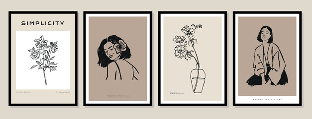 Abstract boho style botanical and female silhouettes vector art print posters for your wall art gallery