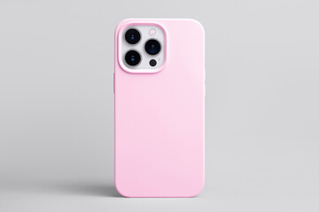 pink phone case mockup, iPhone 13 pro and 14 mock up back view isolated on grey background