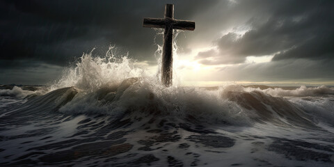 a cross standing strong in turbulent waves