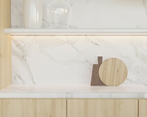 3d close up. bright contemporary kitchen interior. Elegant background with wooden and white marble details,. Copy space for product presentation and display. 3d rendering. Minimal luxury style.