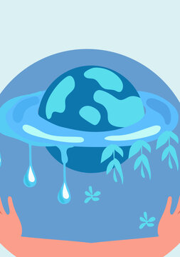 Hands cradling the globe, embodying the essence of environmental stewardship.Concept signifying environmental challenges and the importance of protecting the Earth.World water day design illustration.