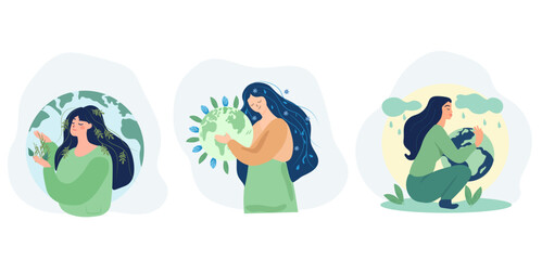 Hands cradling the globe, expressing a profound respect and care for Mother Nature. Concept signifying environmental challenges and the importance of protecting the Earth. Vector.