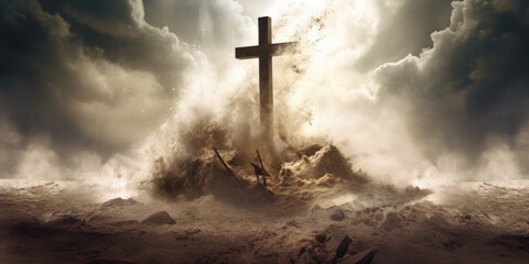 a cross standing strong in turbulent waves