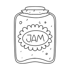 Glass jar with jam in hand drawn doodle style. Vector illustration isolated on white. Coloring page.