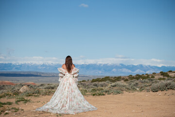 Fototapeta na wymiar Woman with long brunette hair standing alone in the countryside outside wearing dress from behind showing back looking away out to mountain scene in the distance