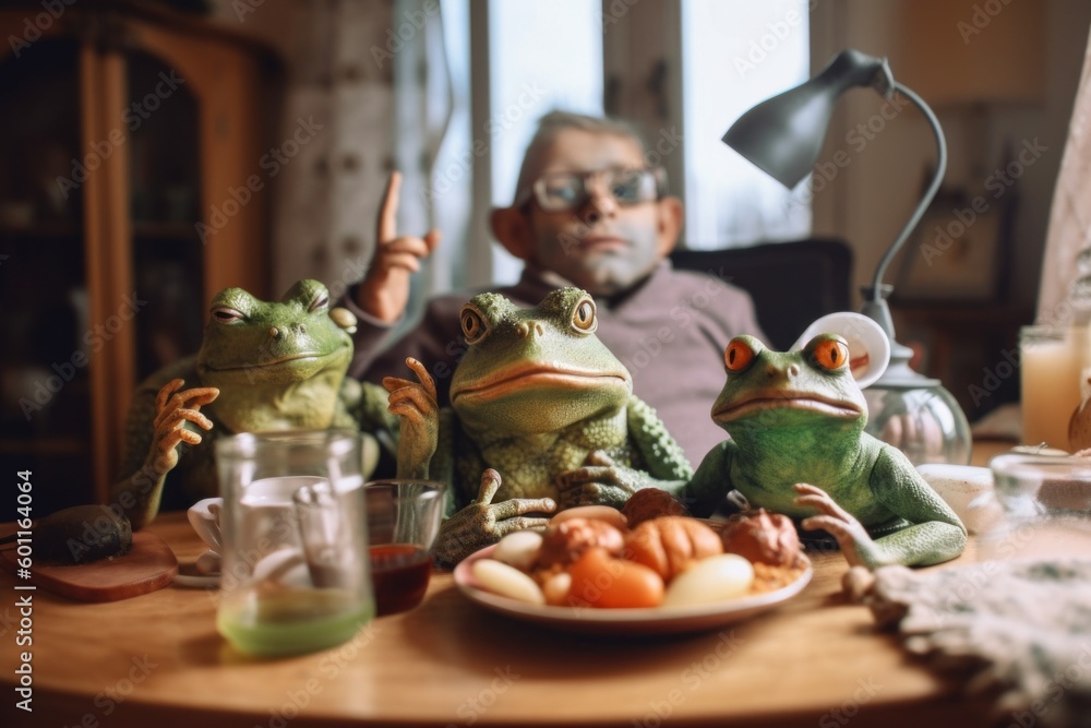 Poster a man sitting at a table with three frogs on it. generative ai image.