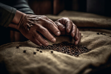 Hands of old person sifting through freshly roasted coffee beans - Generative AI