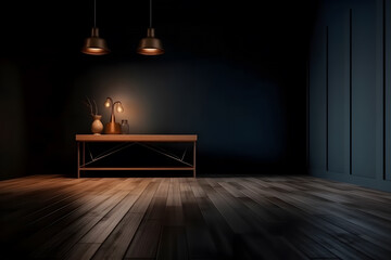 Empty dark room with beautiful chiaroscuro and wooden floor. Minimalist background for product presentation. Generative AI