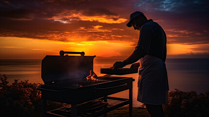 Obraz premium Middle aged man grilling meat on gas grill silhouetted in sunset - Generative AI