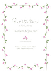 Doodle pink flower invitation card  square frame template on white background. Flowers greeting card can be used for wedding, birthday, holiday, marriage, brochure background. Vector illustration.