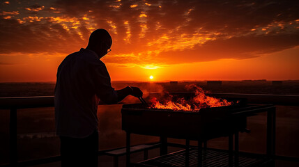 Obraz premium Middle aged man grilling meat on gas grill silhouetted in sunset - Generative AI