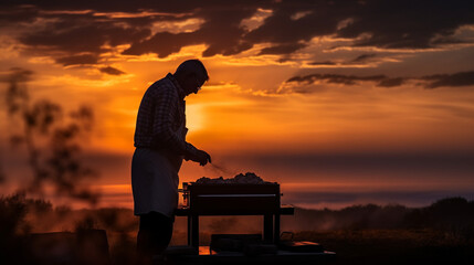 Obraz premium Middle aged man grilling meat on gas grill silhouetted in sunset - Generative AI