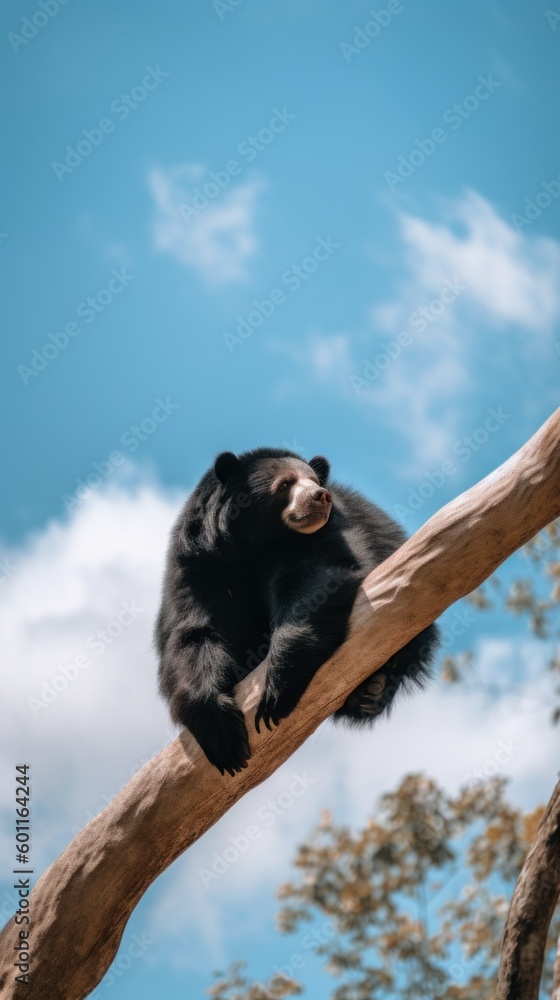 Poster a black bear sitting on top of a tree branch. generative ai image.