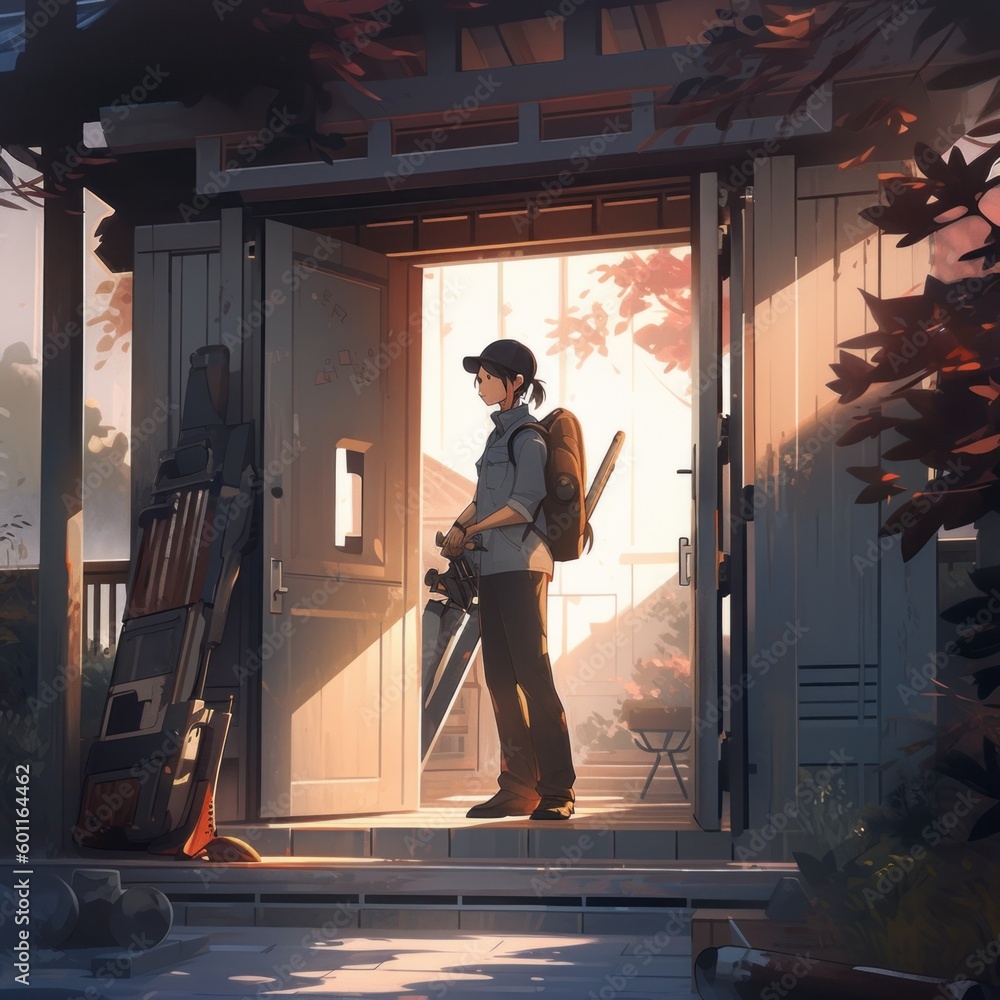 Poster a person standing in front of a door with a saw. generative ai image.