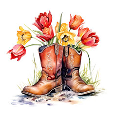 Watercolor cowboy boots with flowers. Illustration AI Generative.