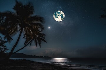 A stunning scene - palm tree silhouette against starry night sky and full moon over tropical beach. Generative AI