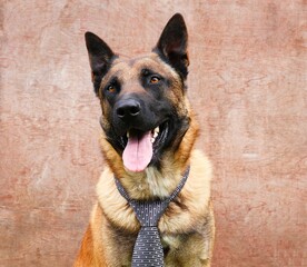 Beautiful malinois dog with tie isolated in front of wooden background.