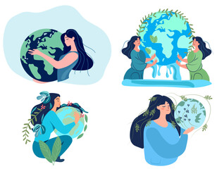 Our home planet symbolized as an eco friendly and sustainable globe in a miniature human context. Female character protect our earth. Concept consciousness and ecosystem preservation. Vector.