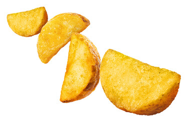 Flying fried potato wedges, cut out