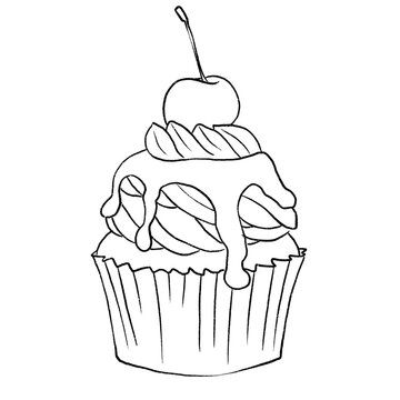 cupcake with cherry line sketch. tasty sweet delicious dessert isolated illustration. simple design for logo, cafe menu or print