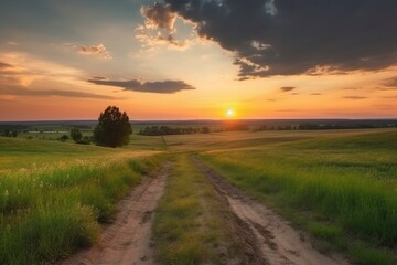 illustration, landscape with green grass, roads and clouds, ai generative